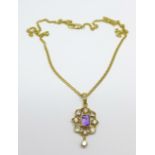 A yellow metal set amethyst and diamond pendant on an 18ct gold chain, total weight 9.5g, pendant