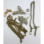 A plated guard chain, a watch chain, cufflinks, two marcasite brooches, a .925 silver and pearl ring