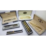 Six boxed pen sets;-fountain, ballpoint and rollerball