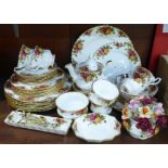 Royal Albert Old Country Roses tea and dinnerwares, six setting, with 3-tier cake stand, posy