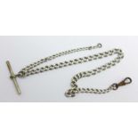 A silver Albert chain, (base metal clip and T-bar, links worn)