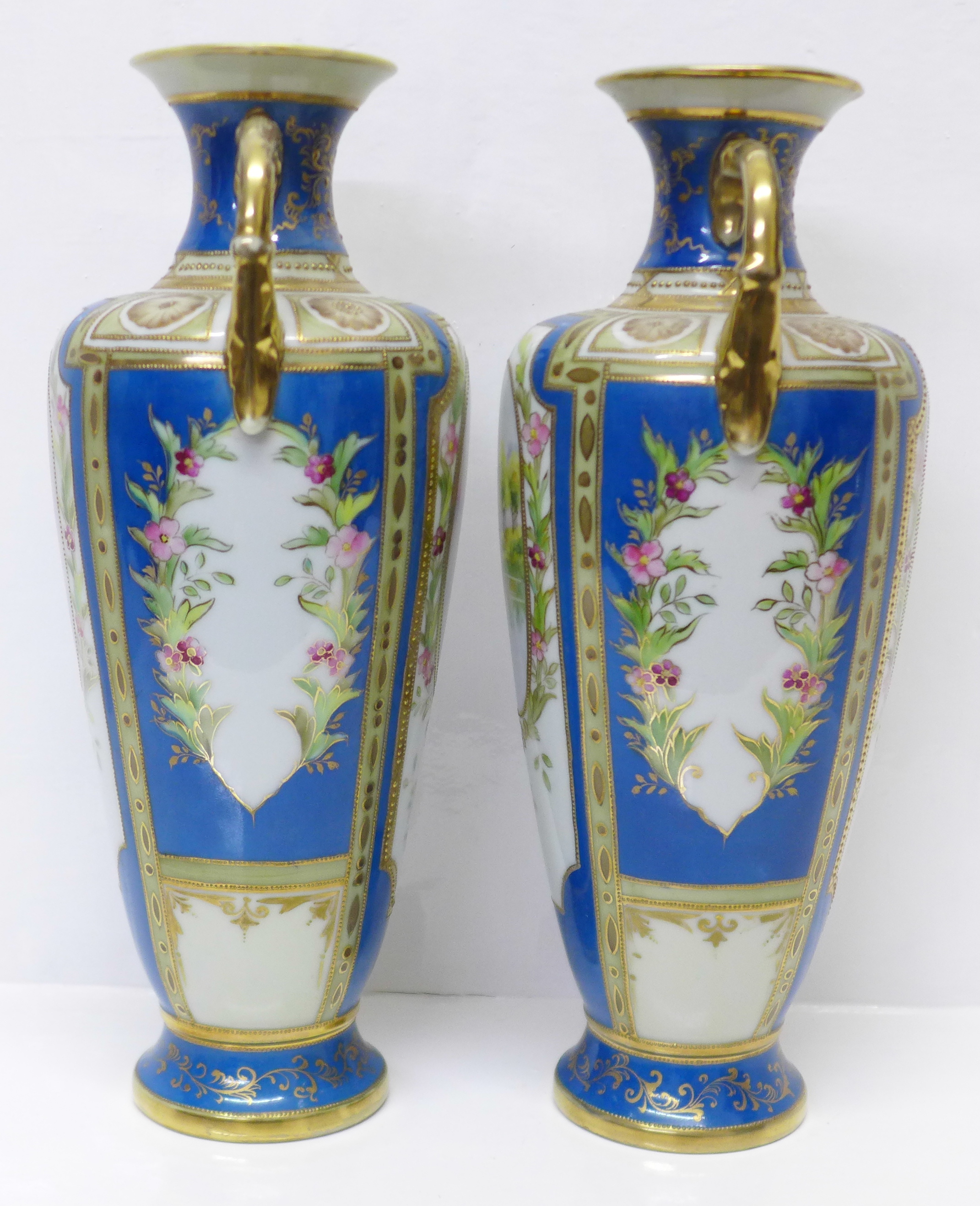 A pair of Noritake vases with gilded decoration and painted panels over a blue ground, 30.5cm - Image 4 of 7