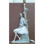 A Lladro figural table lamp base, girl playing a mandolin, 46cm