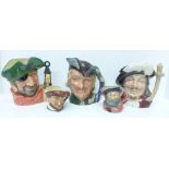 Three large and two medium Royal Doulton character mugs, Porthos, Robin Hood, Smuggler, Falstaff and