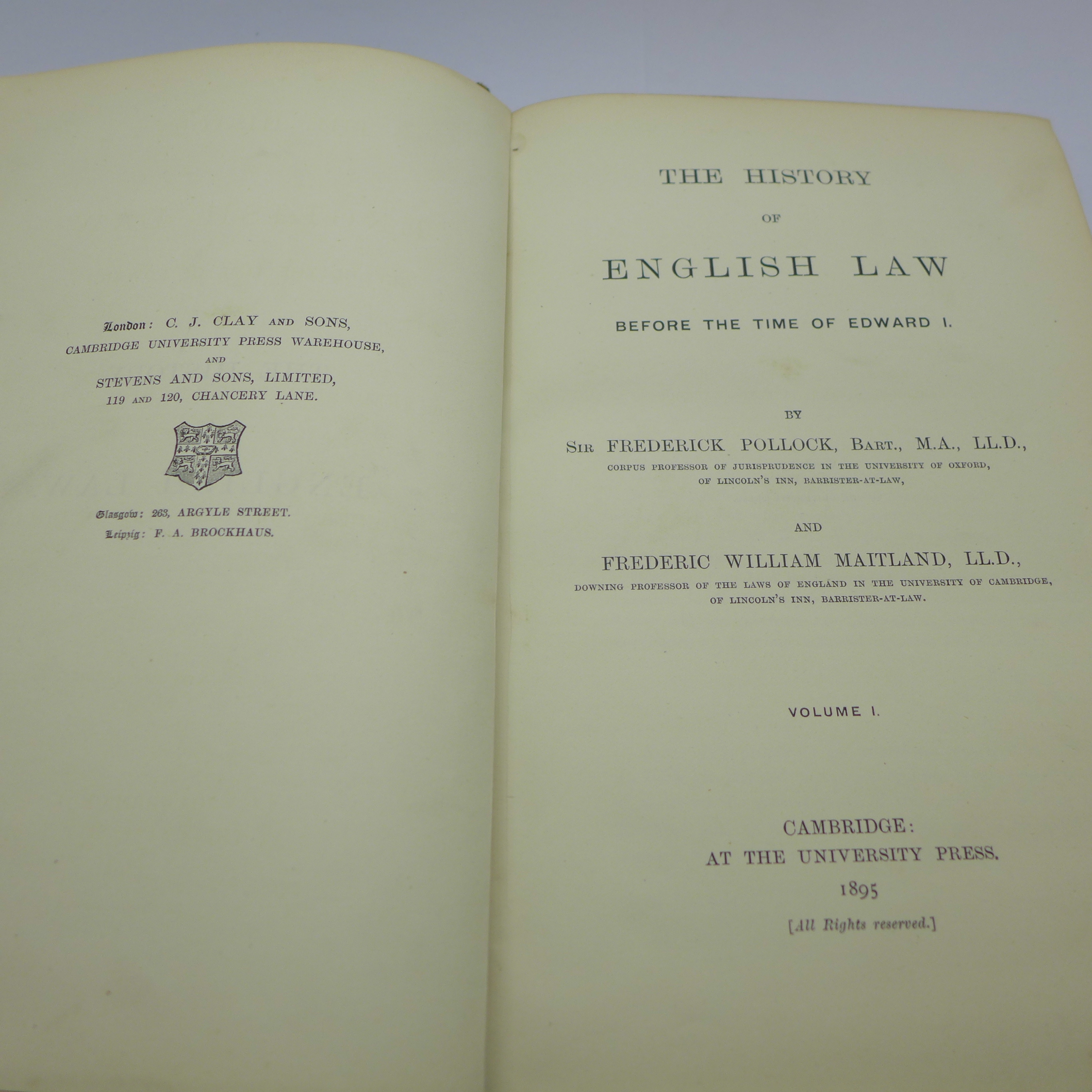 Two volumes; The History of English Law before the time of Edward I, Pollock & Maitland, 1895 - Image 4 of 6