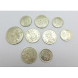 Nine coins; a 1936 florin, four shillings, 1940, 1942, 1944 and 1945, and four sixpences 1940, 1943,