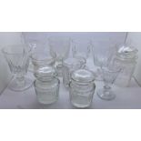 Twelve items of glass including a pair of rummers, a pair of lidded jars and one similar