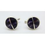 A pair of silver and Blue John split circle cufflinks by Andrew Elliot
