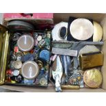 Four compacts, a mesh purse, a fan, a silver cased comb, an advertising mirror, a tin of vintage