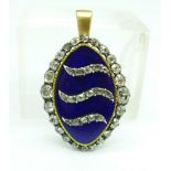 A 19th Century blue enamel and diamond set pendant, set with forty diamonds, 24mm x 32mm, (