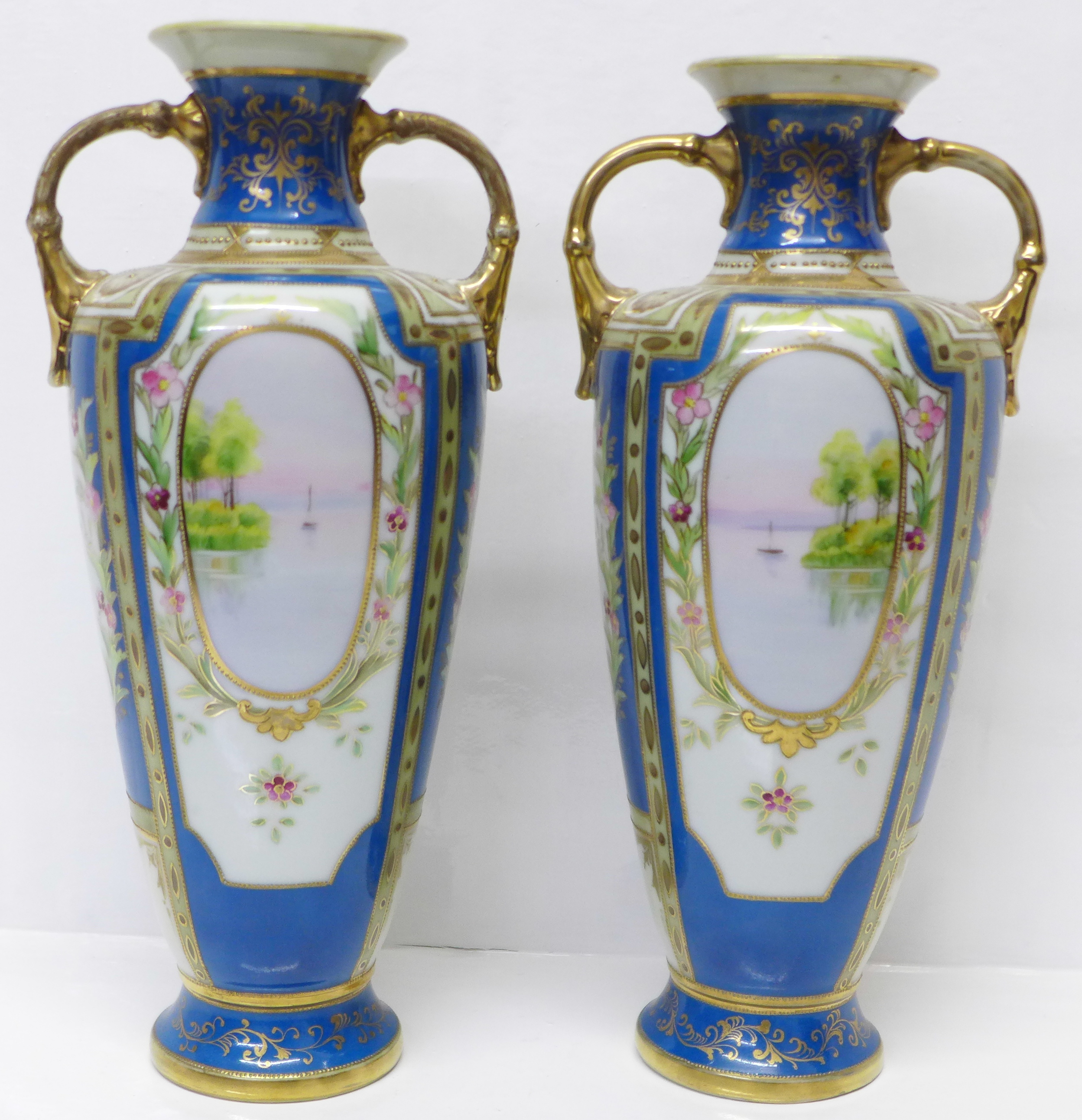 A pair of Noritake vases with gilded decoration and painted panels over a blue ground, 30.5cm - Image 5 of 7