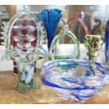 Seven items of coloured glass; three vases, a bowl and three baskets (includes Murano and Romanian)