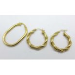 A pair of 9ct gold earrings, 4.5g, and a single 9ct gold earring, 1.4g, (5.9g)