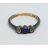 An 18ct gold, blue and white stone ring, 2.6g, O