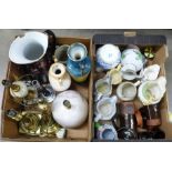 Two boxes of china; water jugs, vases, four table lamp bases and stoneware, etc. **PLEASE NOTE