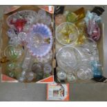 Two boxes of assorted glassware including coloured; decanters, paperweights and a set of six
