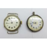 A silver wristwatch with enamel decoration to the case back, (adapted from a fob watch), and a