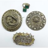 A Victorian white metal and agate set brooch, a silver and malachite ring, N, a white metal brooch