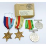 Four WWII medals, the box addressed to R.G. Tulley, Ramsgate