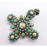 A large silver, turquoise and blister pearl cross brooch/pendant, 21g, 50mm x 50mm, (a/f, small