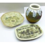 Two TJ Curran studio pottery pin dishes and a vase