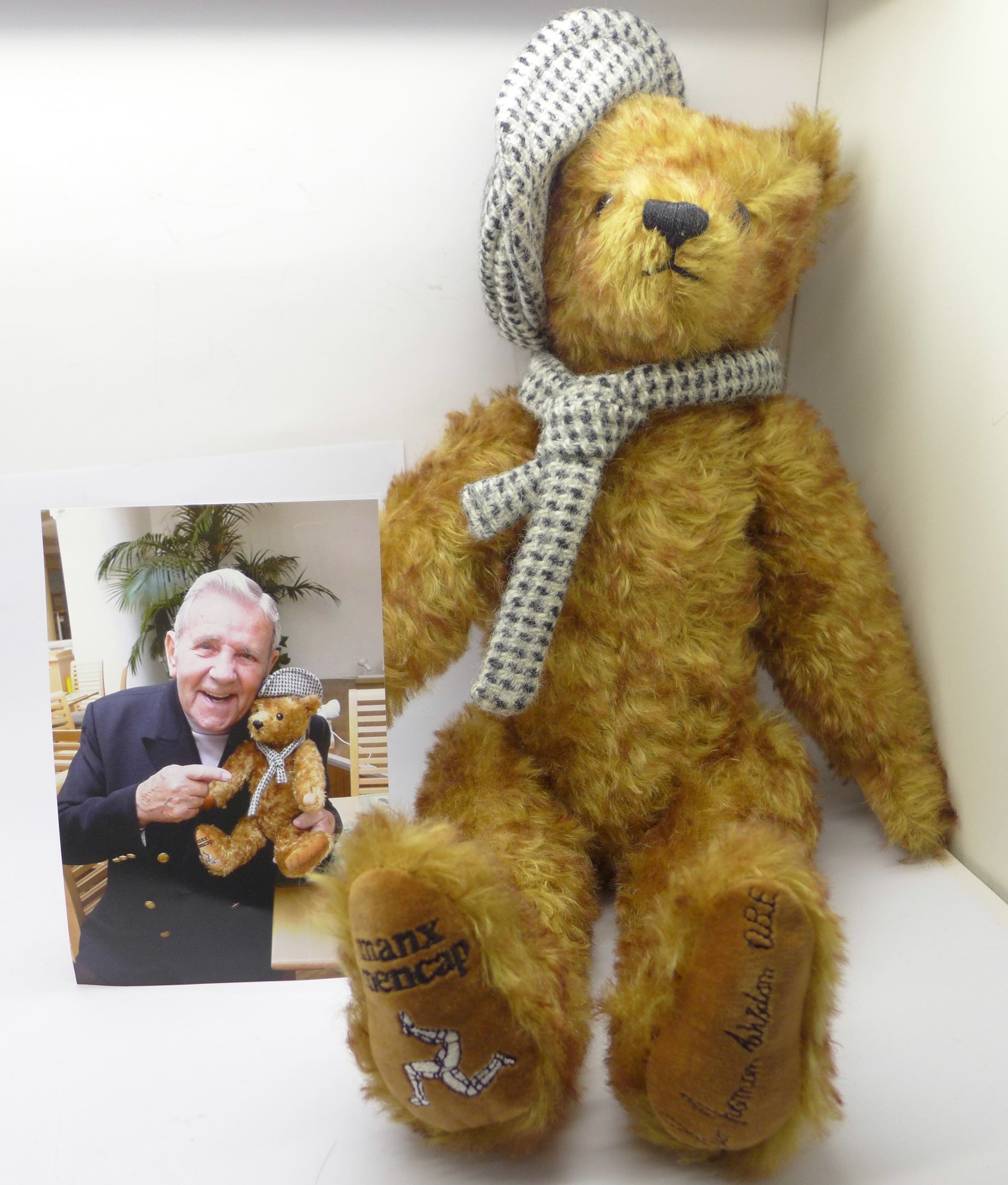 A Merrythought Teddy bear for Manx Mencap, Sir Norman Wisdom O.B.E. with photograph