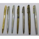 Two Sheaffer fountain pens with 14ct gold nibs, ballpoints including one silver and a pencil