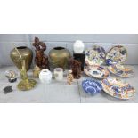 Five oriental plates, two carving, a tin tea caddy, a pair of Japanese bronze vases, a/f, (one