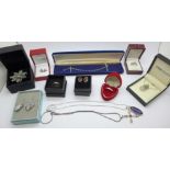 A collection of silver jewellery including mother of pearl set