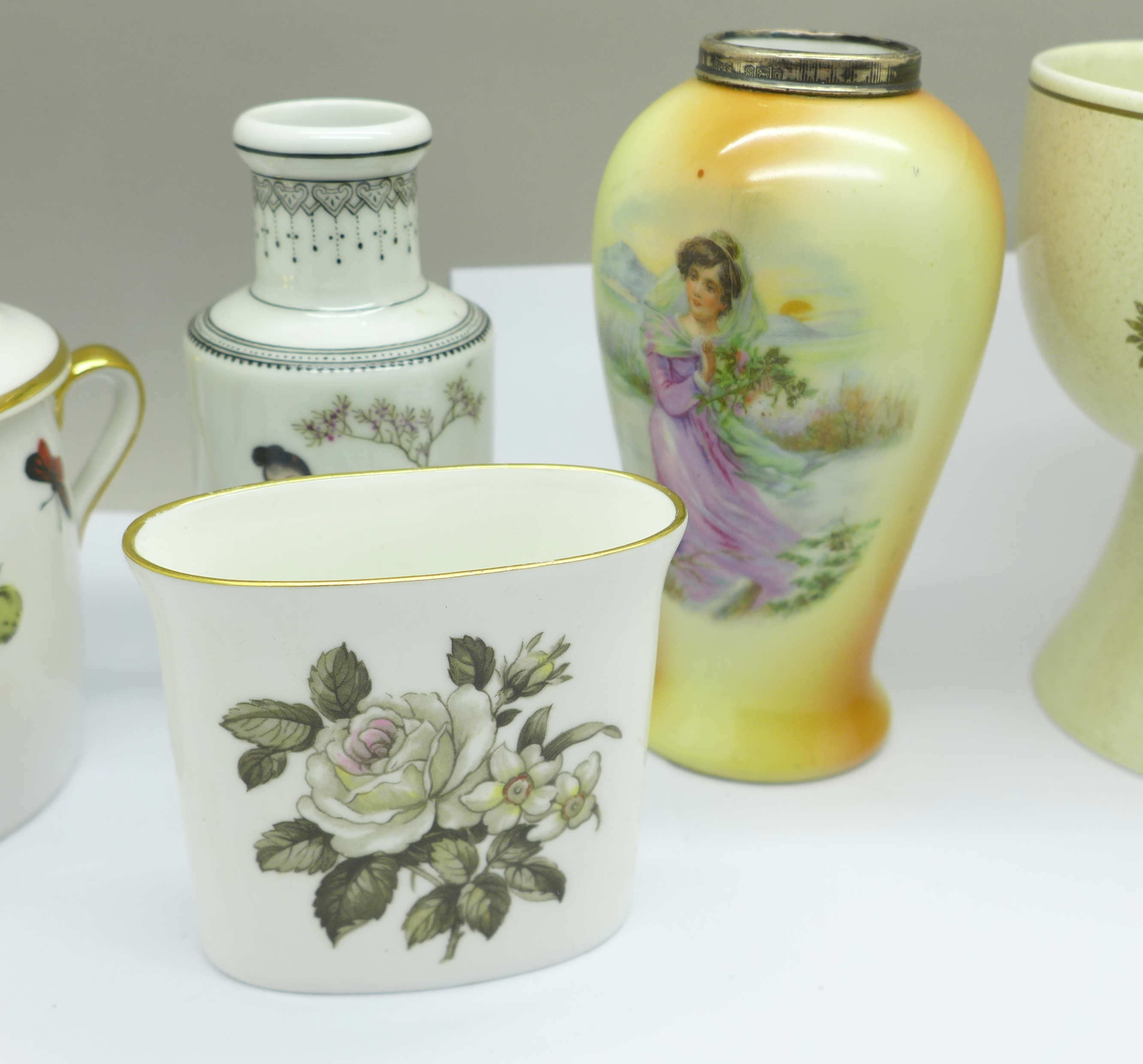 A silver mounted vase, a Chinese vase, a Royal Worcester lidded pot and posy vase and a Royal - Image 2 of 8