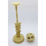 A bone puzzle ball and stand (both a/f, ball broken internally and stand re-glued in two places)