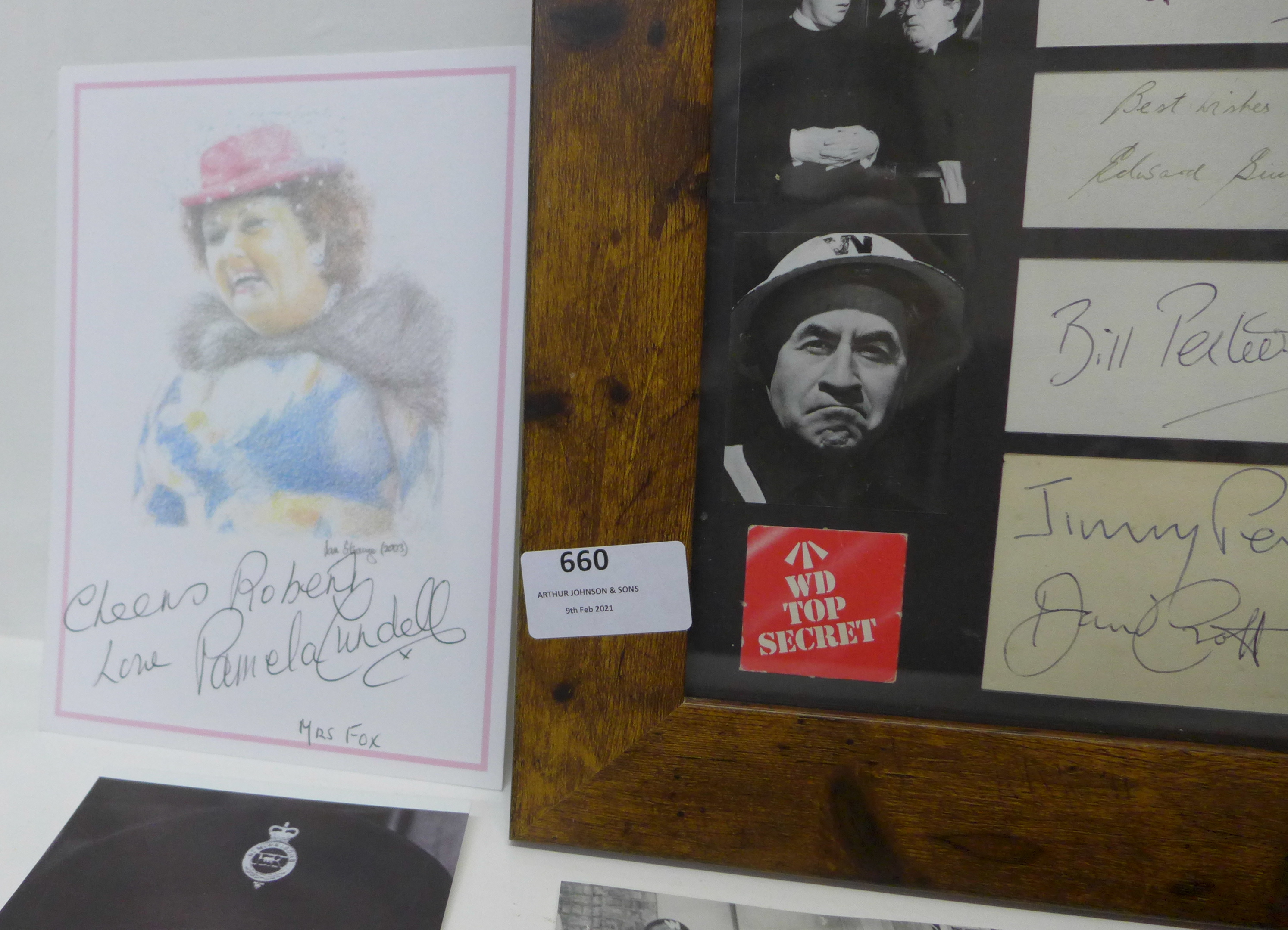 A framed Dad's Army montage of signed photographs with autographs and cast photographs plus a - Image 6 of 6