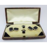 A set of Art Deco onyx set dress cufflinks and collar studs, in original box