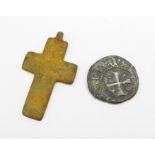 A Crusader coin, circa 1250, and a medieval cross