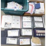Two boxes of first day covers, 1970's and 1980's, loose stamps, correspondence and mint stamp packs