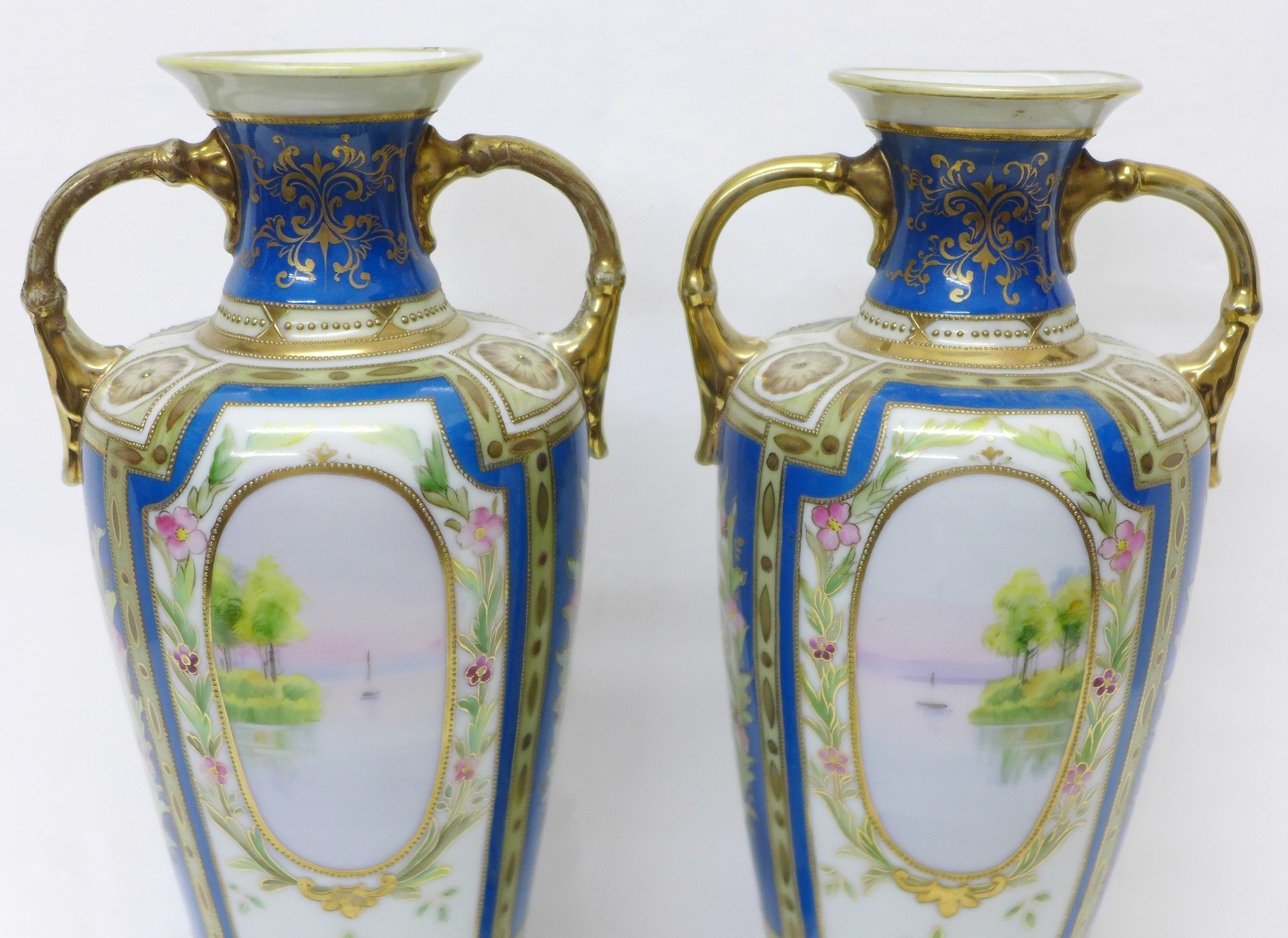 A pair of Noritake vases with gilded decoration and painted panels over a blue ground, 30.5cm - Image 6 of 7