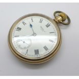 A gold plated Waltham Traveler pocket watch, (plate worn on case back)