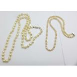 Two cultured pearl necklaces, one with 9ct white gold clasp and one with 9ct gold fastener