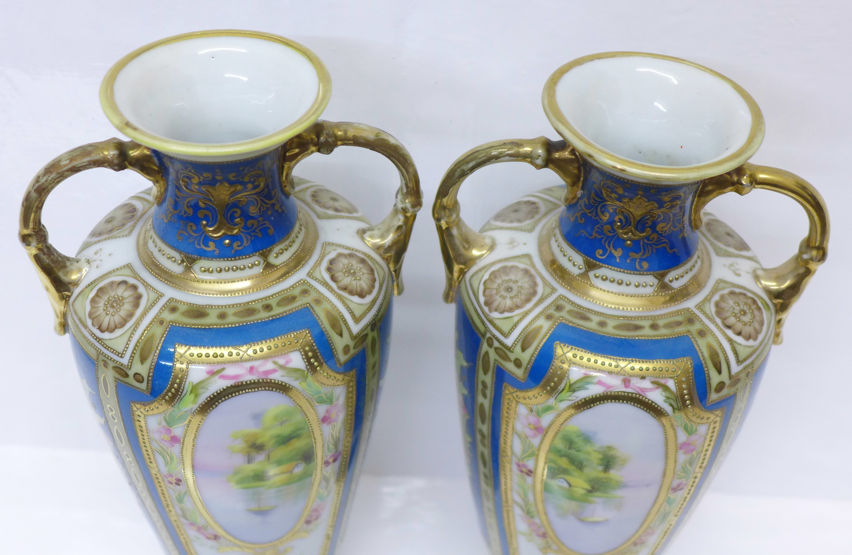 A pair of Noritake vases with gilded decoration and painted panels over a blue ground, 30.5cm - Image 3 of 7