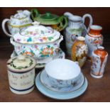 A collection of oriental pottery and other china including George Jones lidded jug, lid cracked, a