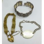 A Siam sterling silver Niello bracelet, a silver ID bracelet and a rolled gold gate bracelet, silver