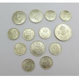 Thirteen coins; a 1944 two shillings, three shillings, 1942, 1943 and 1945, and nine sixpences,