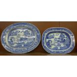Two blue and white willow pattern serving plates, 45.5cm and 55.5cm
