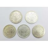 Five silver India one rupee coins, two 1917, two 1919 and one 1916, .917 fineness, 57.9g