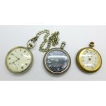 Three pocket watches; military Elgin, T.K. 8850, worn and lacking loop, Clymo lacking loop and Limit