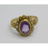 An Edward VII, 18ct gold, amethyst and pearl cluster ring, Birmingham 1905, 2.9g, K