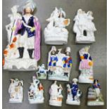 A collection of eleven Staffordshire flatback figures, tallest a/f, 46cm