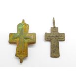 Two bronze Viking crosses, found in Russia, one depicting Christ, largest 39/40mm