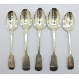 Five Victorian silver spoons including two Exeter, 97g, (2+2+1)