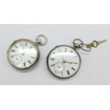 Two silver pocket watches, hallmarked Birmingham 1875 and 1900